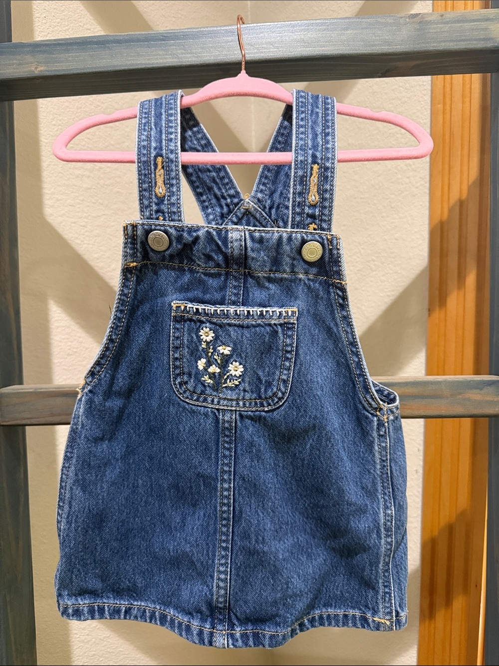 Old Navy Dark Blue Denim Overall Dress with Floral Embroidery - Picture 1 of 4